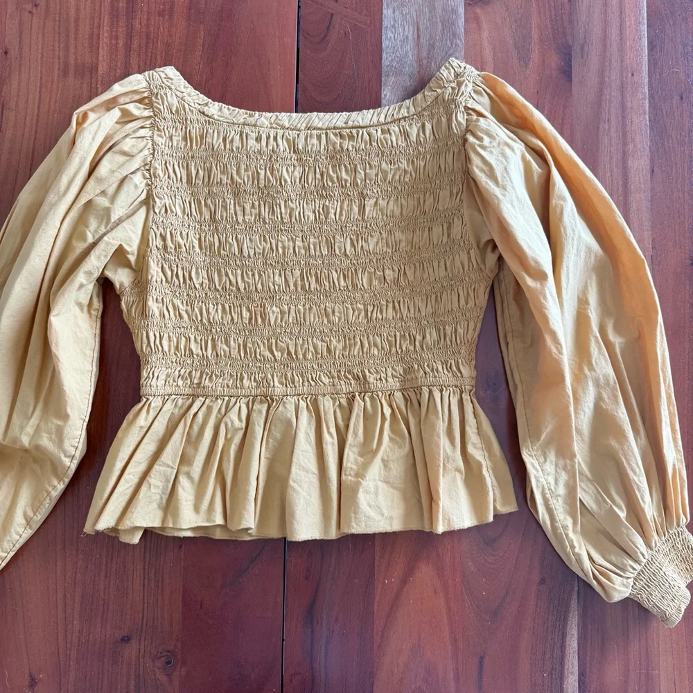 Free People Mustard Smocked Peplum Puff Sleeve Top